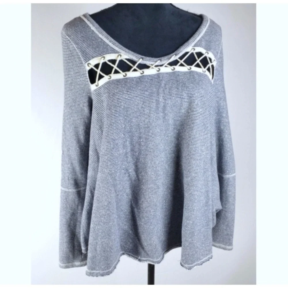 Free People‎ Swing Lace Up Sweatshirt Women's Size Small Navy Blue Ivory Striped